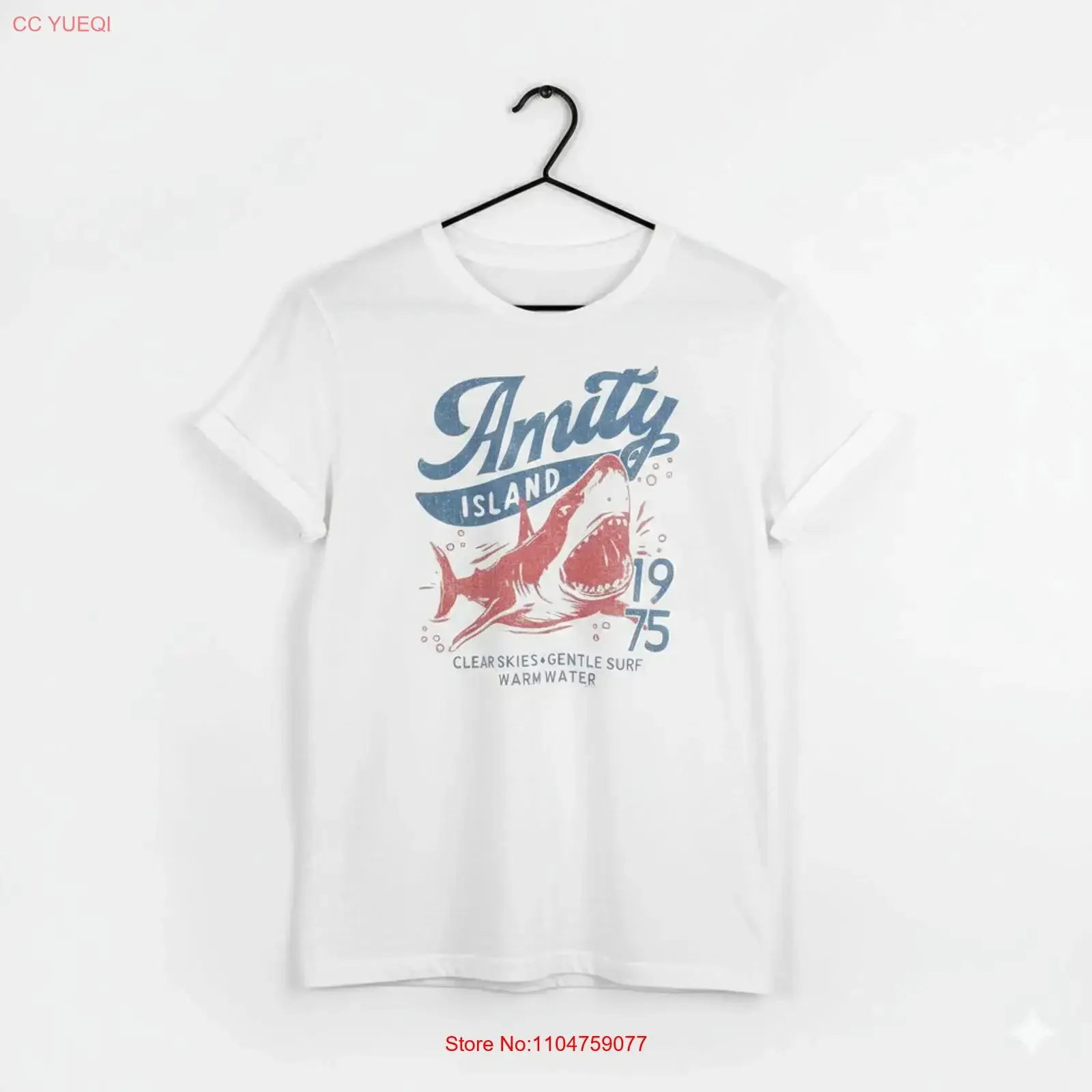 T-shirt Amity Island 1975 Shark blanc vintage style côtier rétro T685, vêtements de créateur vintage délavés pour homme, légèrement graphique