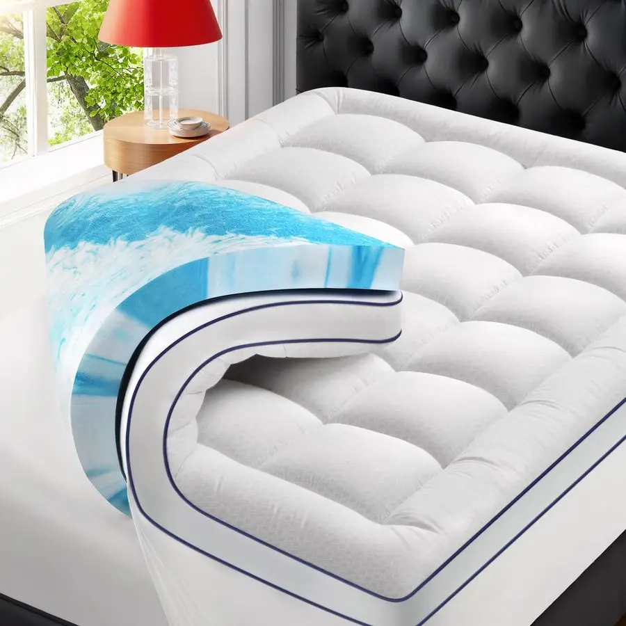 

Dual Layer 4 Inch Memory Foam Mattress Topper, 2 Inch Gel Memory Foam and 2 Inch Pillow Top Mattress Pad Cover for Back Pain, Ex