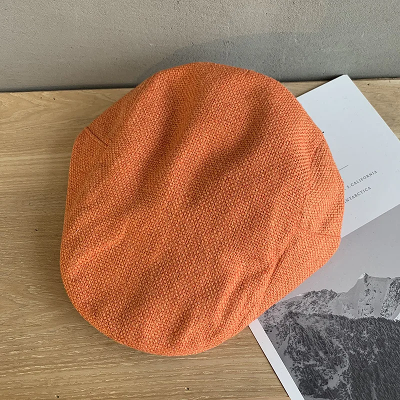 Spring Summer Linen Flat Cap Men Women Solid Color Bakerboy Caps Orange Breathable Flat Hat Apple Beret for Male