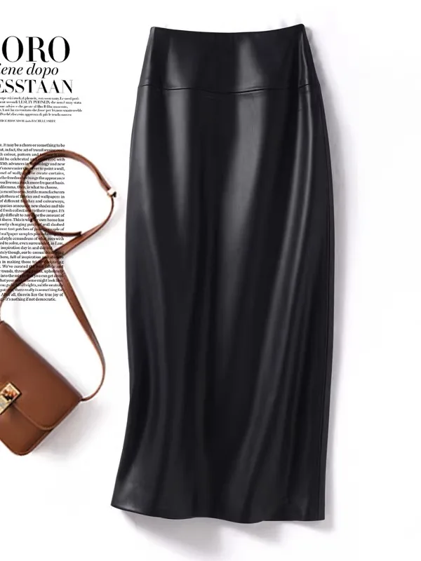 

High Waist Leather Skirt Women's Long Sexy Straight Cut Split Ba Zipper Closure Commute Workwear Micro Elastici