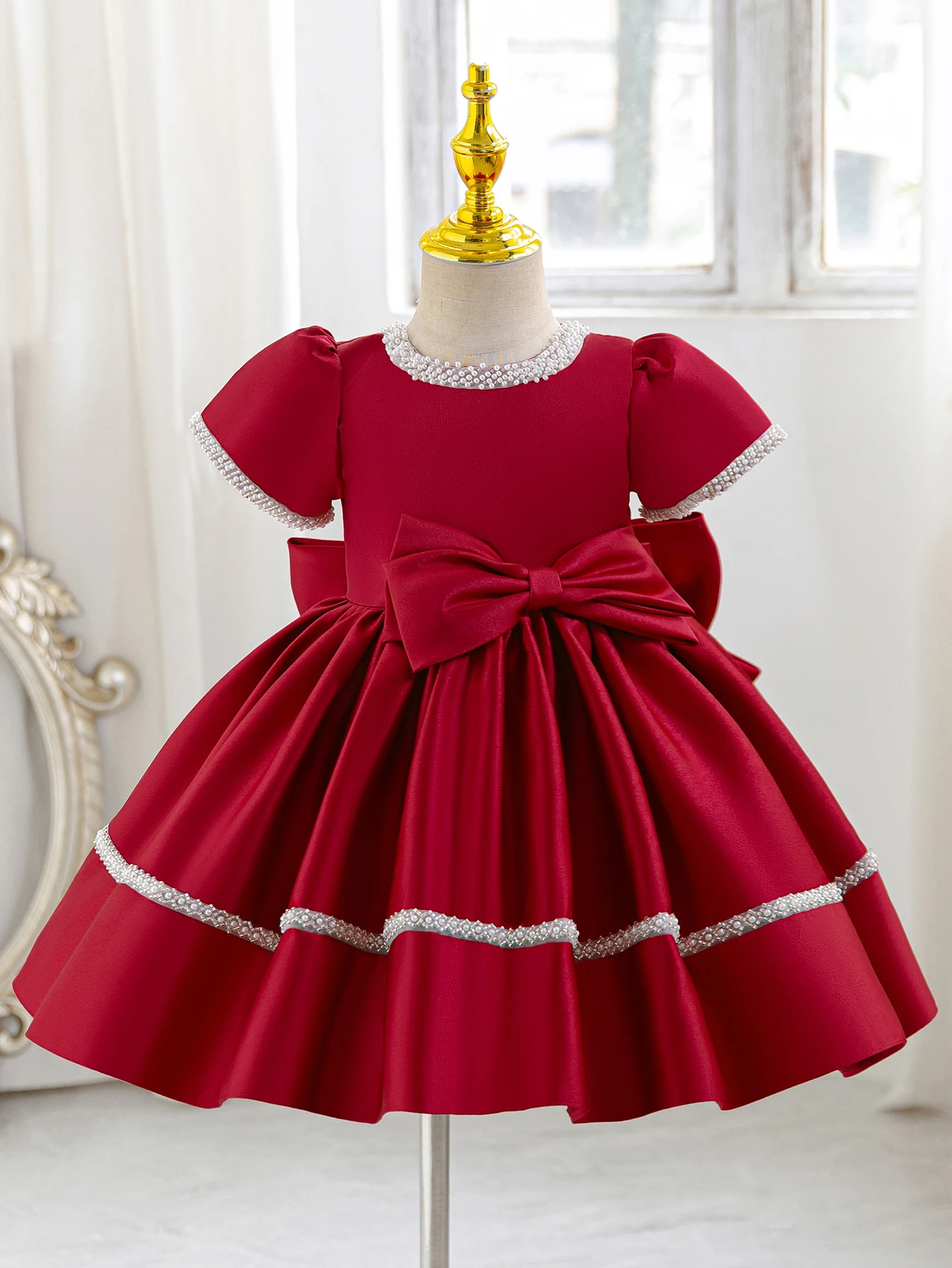 Young Girl Wine Red High End Short Dress With Large Bow Decoration Dress Princess Dress Suitable for Birthday Parties  Festivals