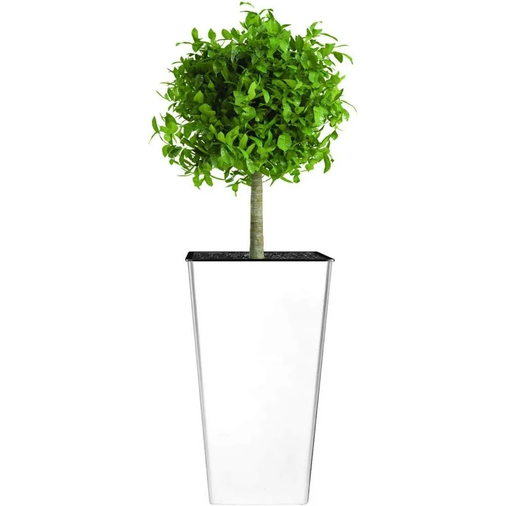 

32-Inch Cascade Square Outdoor Planter - Lightweight Self-Watering Pot in Glossy White