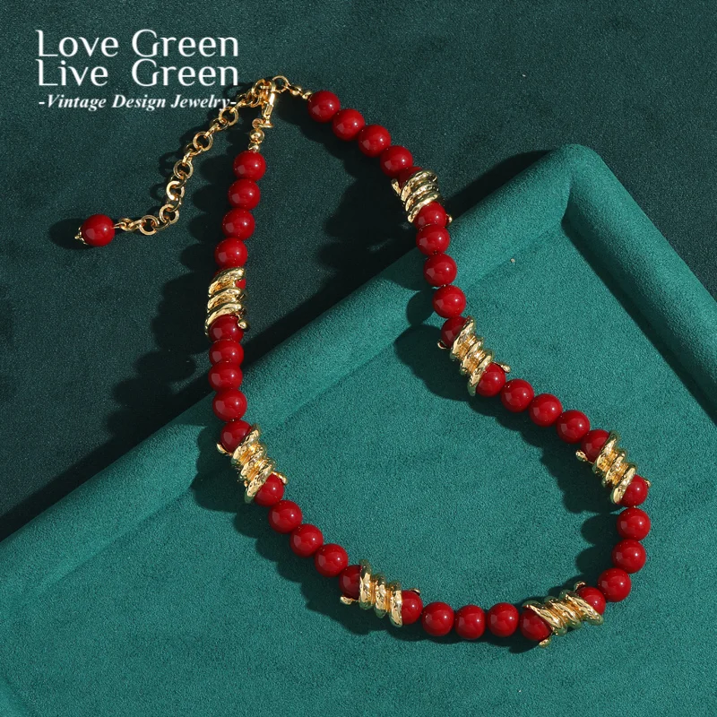

Vintage Spiral Red Glaze Beaded Necklace Gold Color Choker Luxury Jewelry Designer Charms Trendy 2025 Unique Wedding Engagement