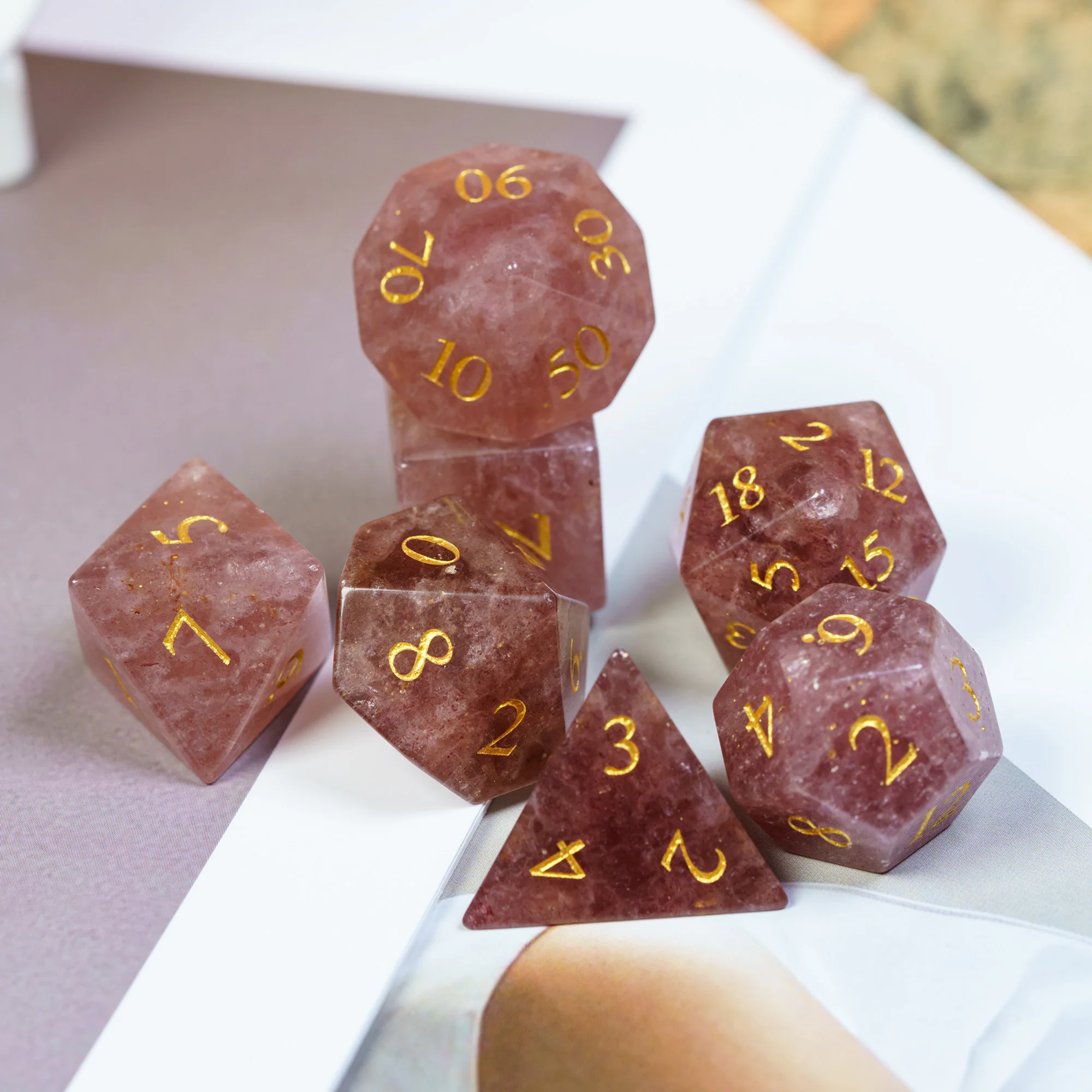 Cusdie Lemon Crystal Stone Dices DND Handmade Polyhedral Dice Set with Leather Box,D4-D20 for D&D Role Playing Game Collection