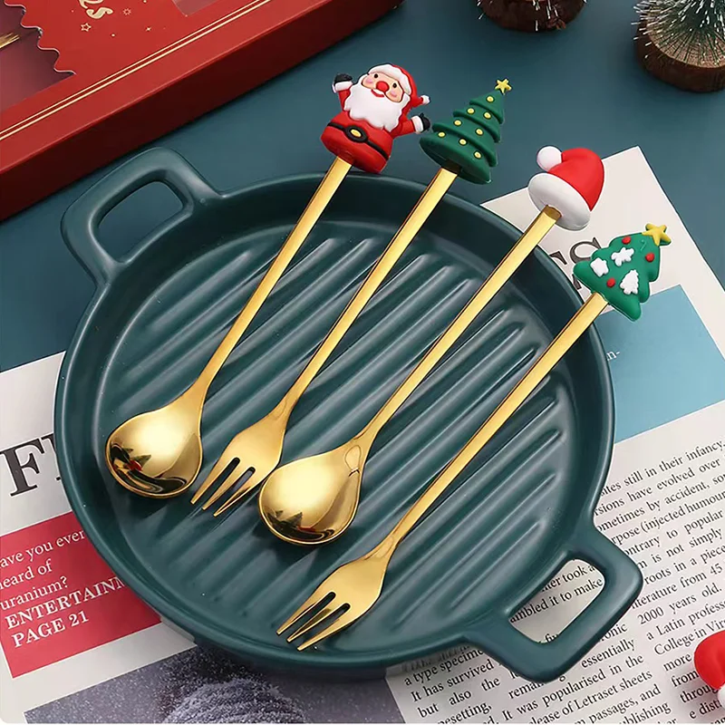 1PCS Christmas Fork SpoonTableware ,410Stainless Steel  Christmas Tree Santa Claus Coffee Tea Dessert Forks and Spoons Gift