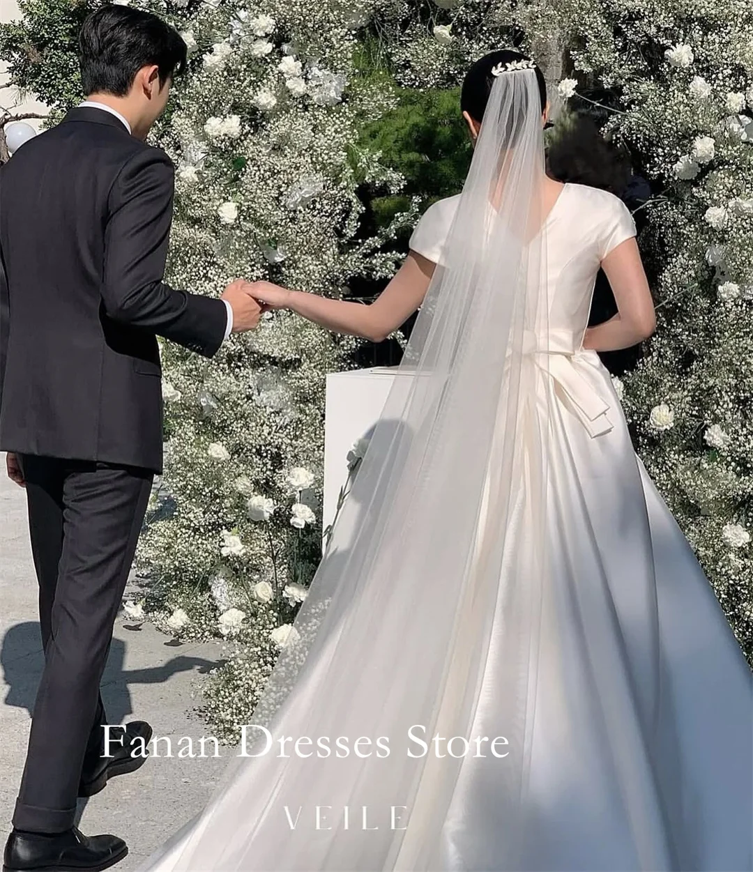 FANAN Korea Eleganckie suknie ślubne w kształcie litery A z dekoltem w serek 웨딩드레스 Marszczony krótki rękaw Kość słoniowa Szyte na miarę Śliczne suknie dla panny młodej P