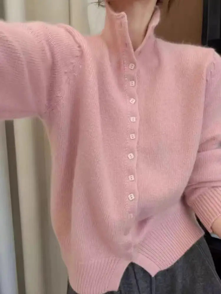 2025 Autumn/Winter 100% Wool Knit Cardigan Sweater Women Half-turtleneck Coat Female Long Sleeve Tops Korean Fashion New Jacket