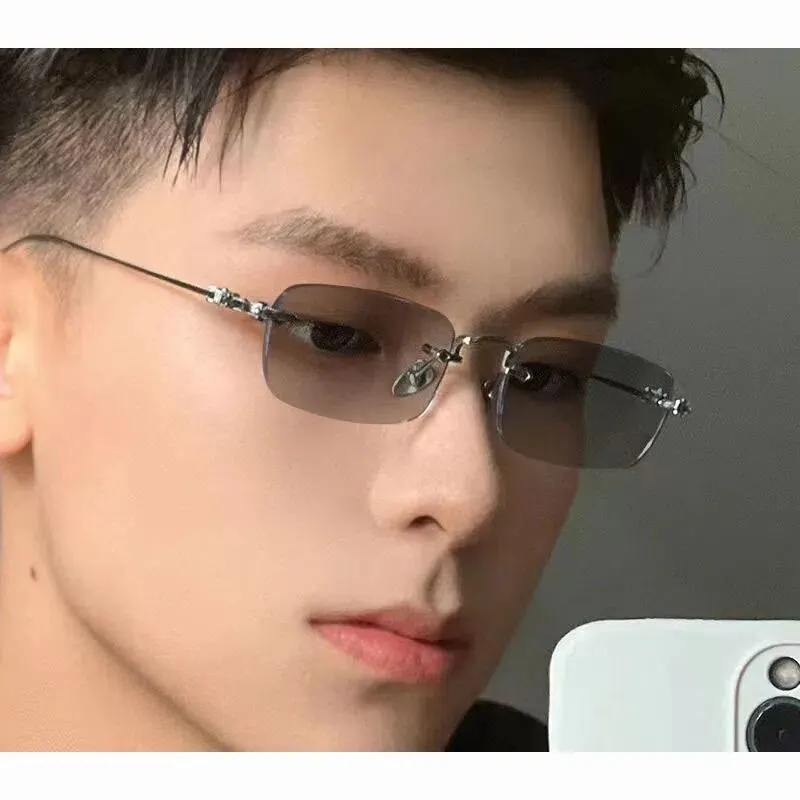 Photochromic Anti-blue Glasses Frameless Temperament Flat Lens Burst Glasses Men Sunglasses