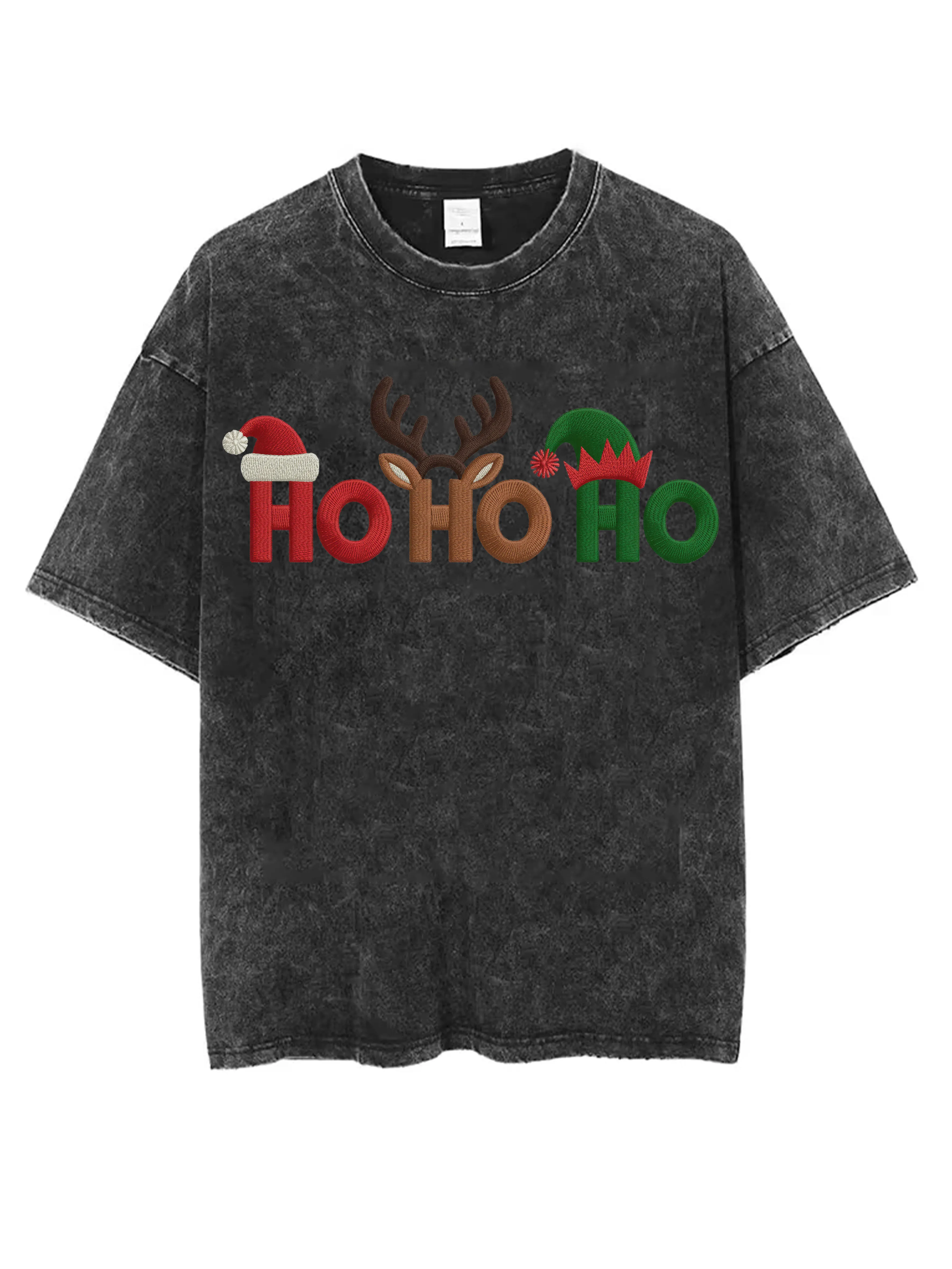 

Christmas ho ho ho Unisex Black Washed Round-Neck T-Shirt Loose Fit Comfortable for Men Women Perfect for Winter Christmas