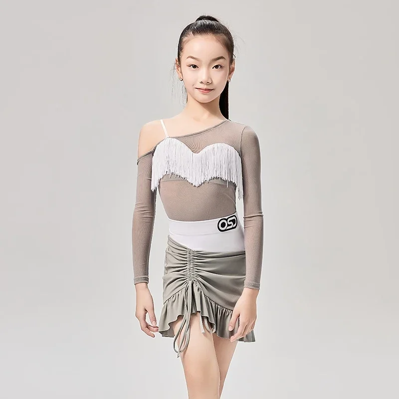 

Fashion Kids Performance Dancing Clothes Girls Latin Dance Costume Mesh Sleeved Latin Top Fringed Sirt Stage Wear