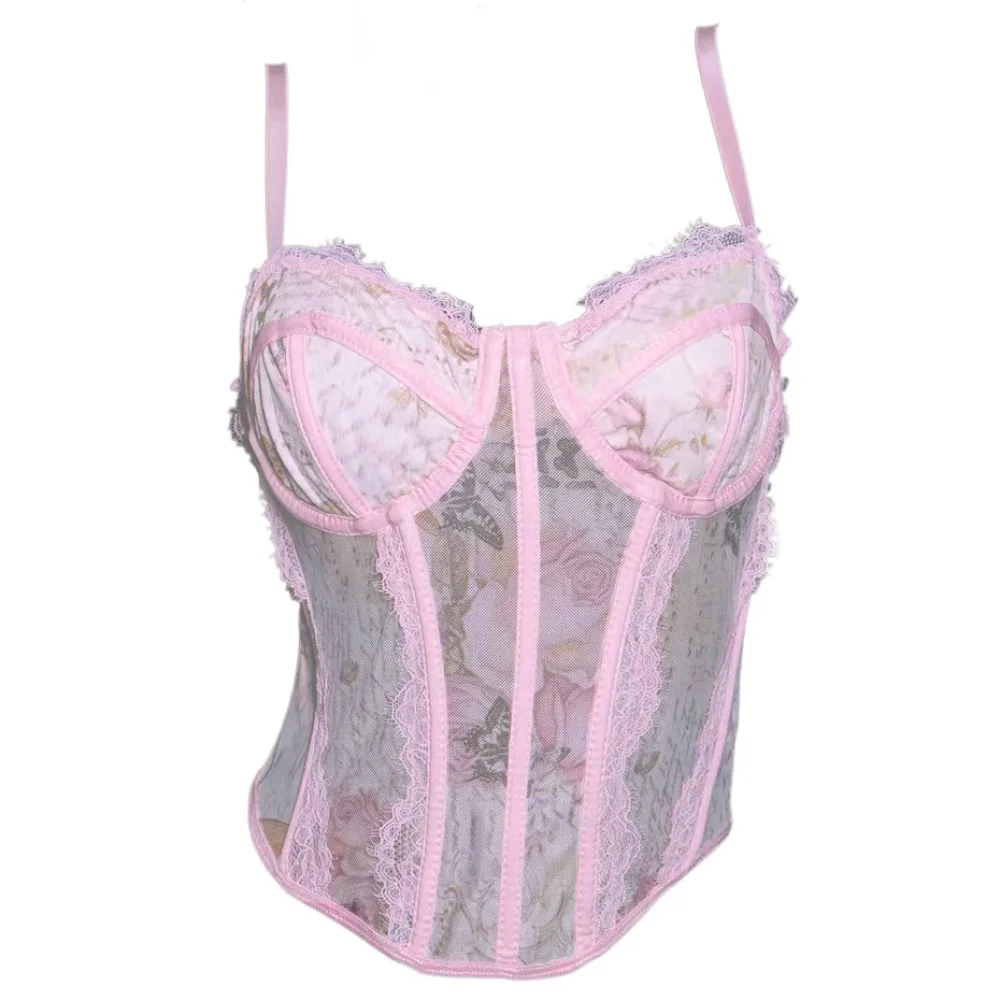 

Elastic Mesh Lace Flower Camisole Sleeveless Slim fit Lace Corset Streetwear Tanks Crop Tops Spring Summer