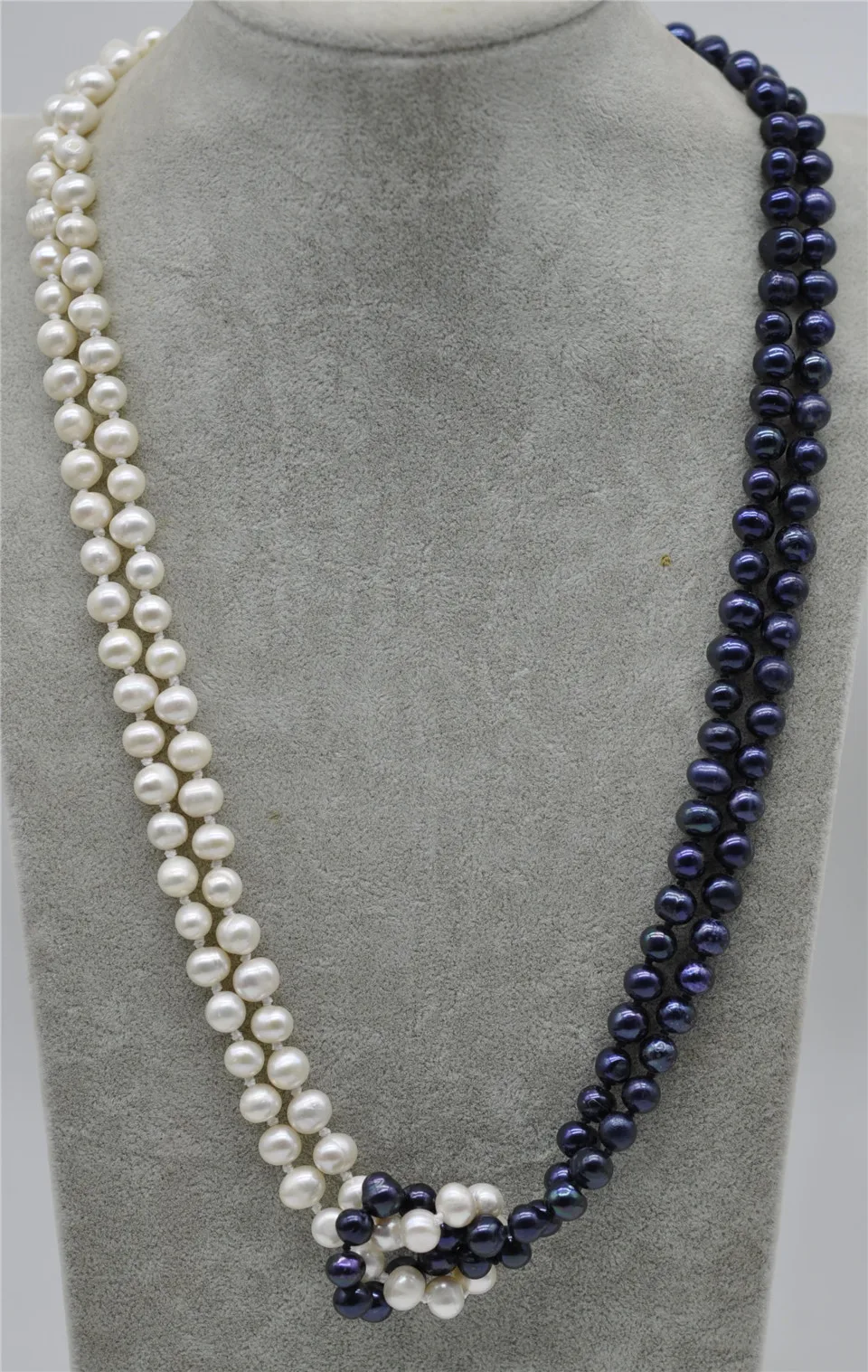 

HABITOO 2 Rows 7-8mm White&black Freshwater Cultured Pearl Necklace 24" Jewelry Chains Necklace for Woman Choker Chain