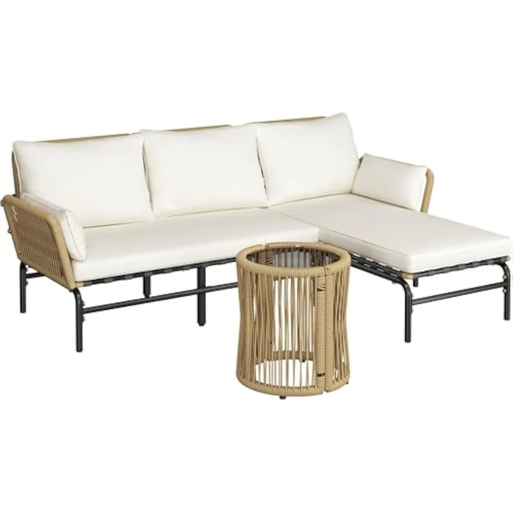 

"3-Piece Outdoor L-Shaped Sofa Set with Detachable Lounger, Thick Cushions, and Glass Side Table"