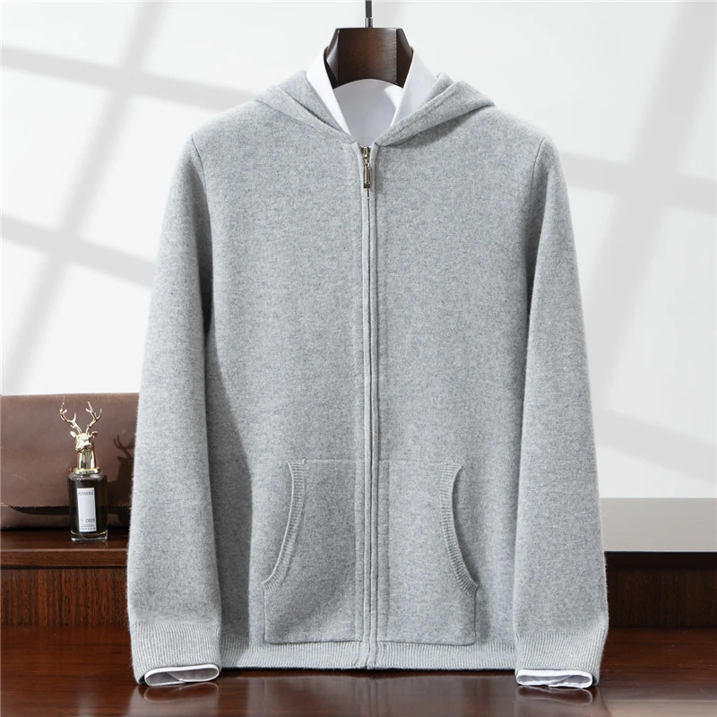 

DjzDsm New Men's Cardigan 100% Merino Wool Sweater Autumn and Winter Knitted Casual Long Sleeved Business Men's Hooded Sweater
