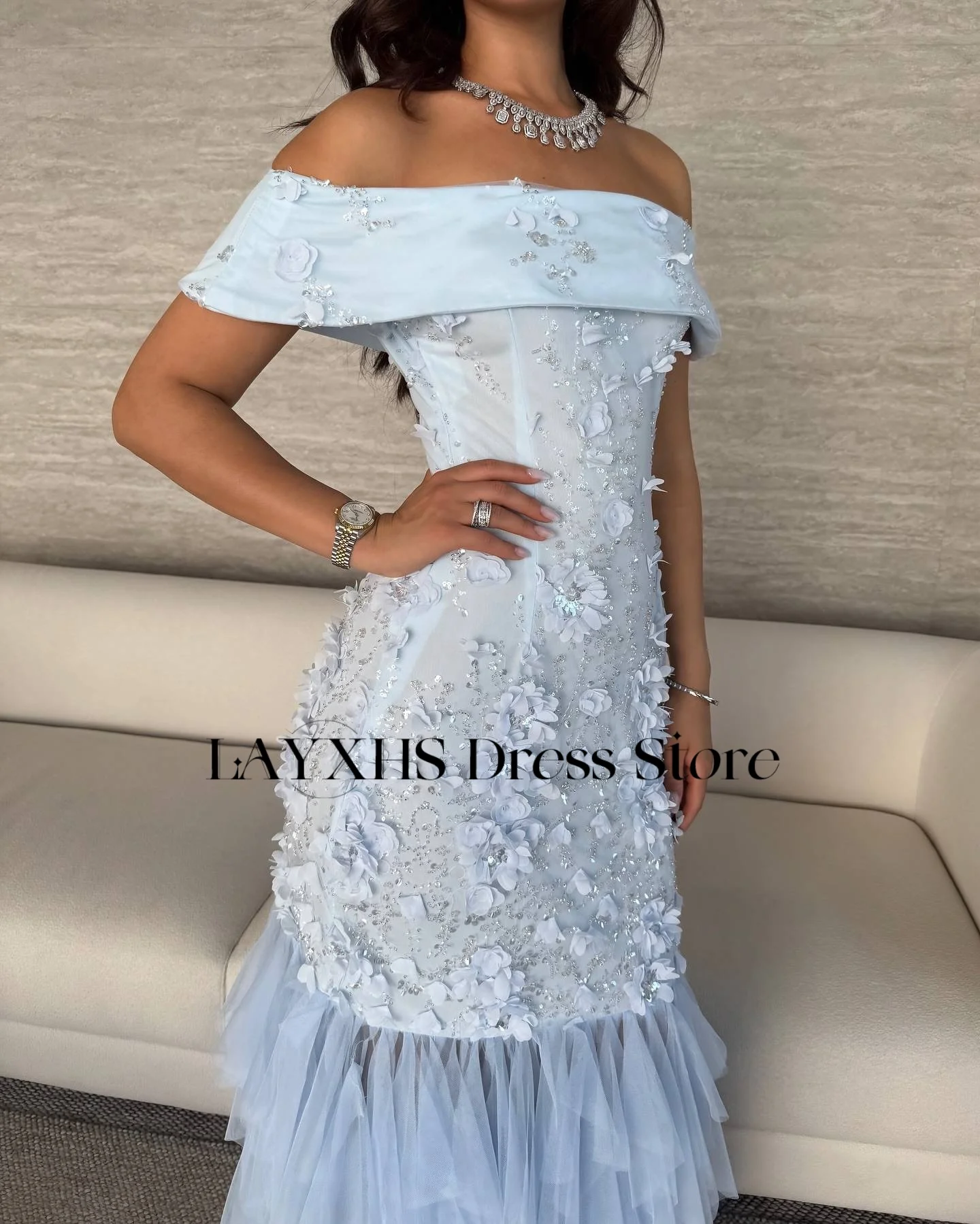 LAYXHS Wykwintne Sukienki Wieczorowe z Odkrytymi Ramionami, Syreni Krój, Kwiaty, Koraliki, Tiul, Warstwowe Falbany, Sukienki na Bal Maturalny, Szyte na Miarę