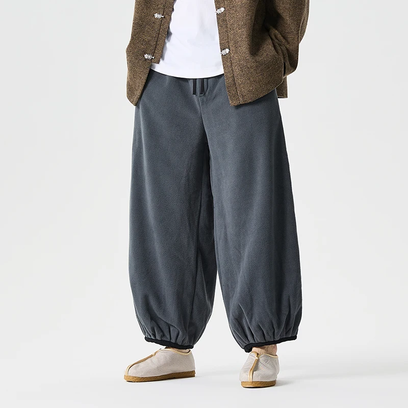 

Зимние мужские свободные толстые плюшевые брюки в китайском стиле, большие спортивные штаны Hanfu Tang, повседневные брюки, мужские флисовые шаровары