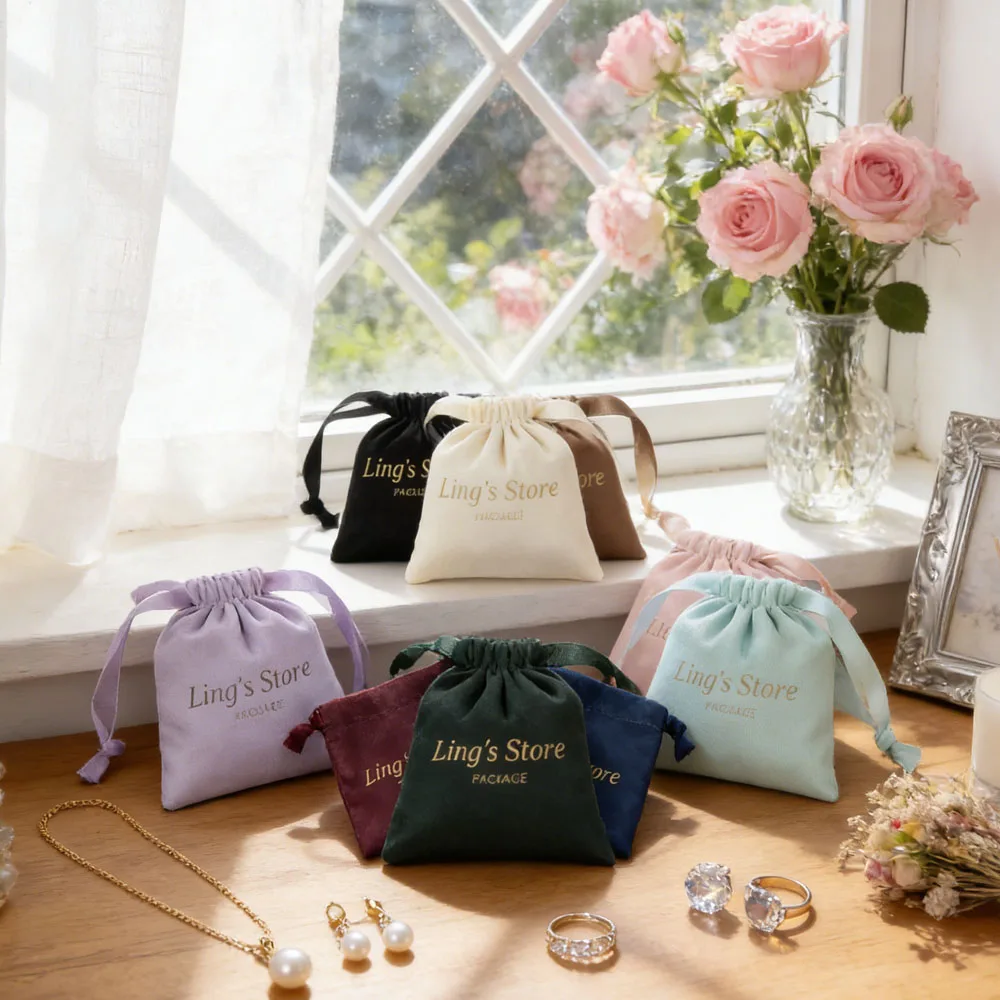 

100 шт. персонализированных подарочных мешочков для украшений с логотипом, с возможностью нанесения текста и имени, из бархата и муслина, для косметики и часов