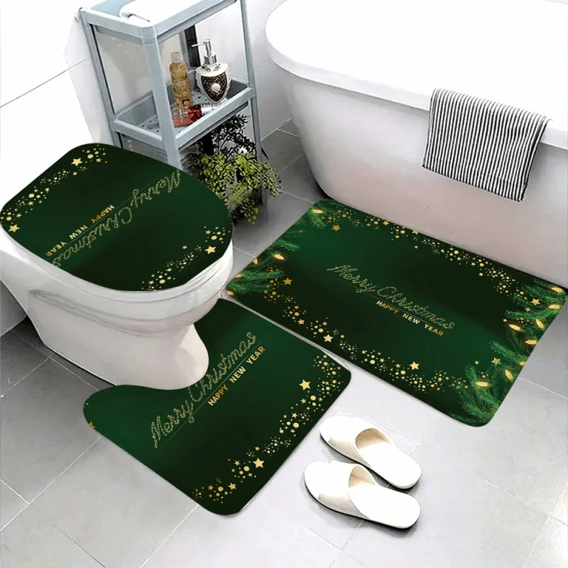 3-piece Christmas holiday bath rug set-non-slip, soft flannel, PVC backed, woven polyester bathroom mats with festive patterns