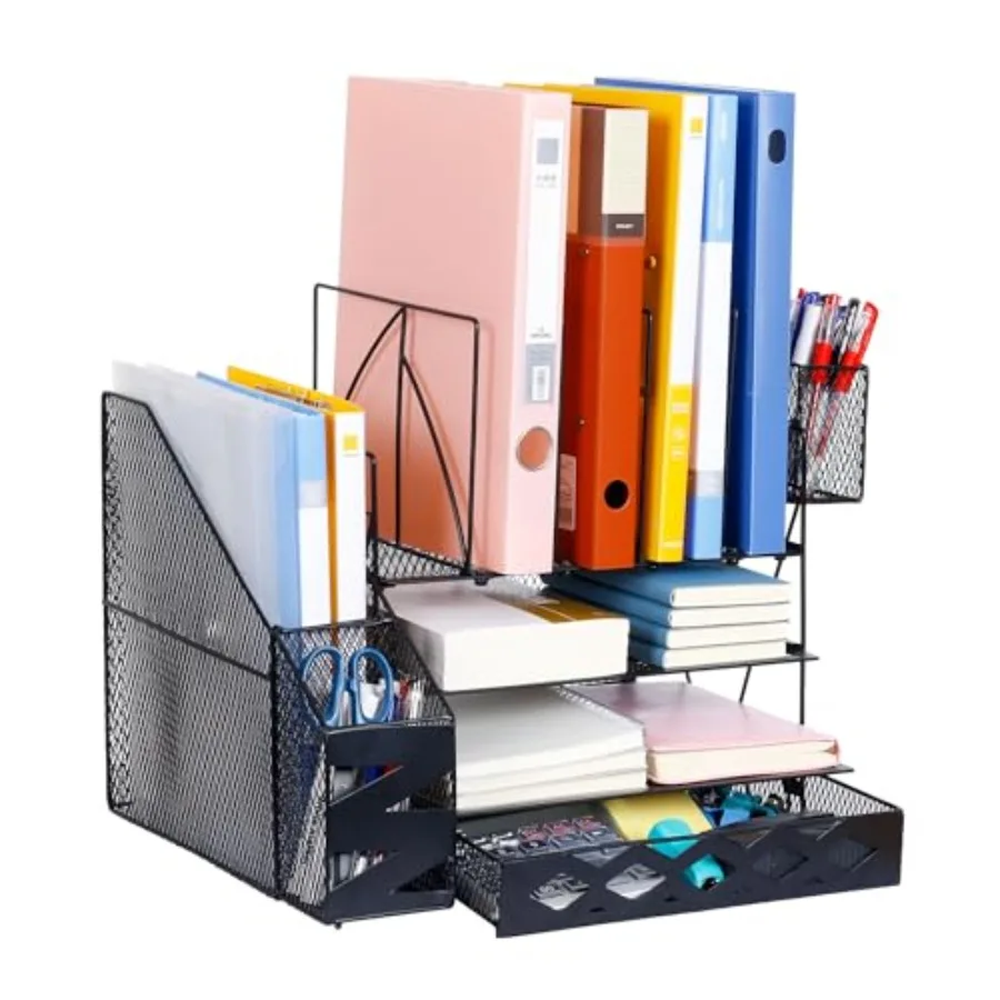 

File Organizer, 2-Tier Paper Letter Tray with Sliding Drawer and 2 Pen Holders, Mesh File Organizer with 4 Vertical File Rack,