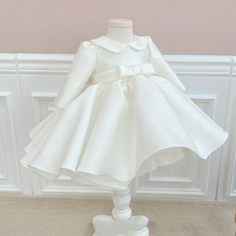 Baby Girl Princess Silk Peter Pan Collar Dress Long Sleeve Child Vintage Bow Vestido Party Birthday Baptism Frocks 1-14Y