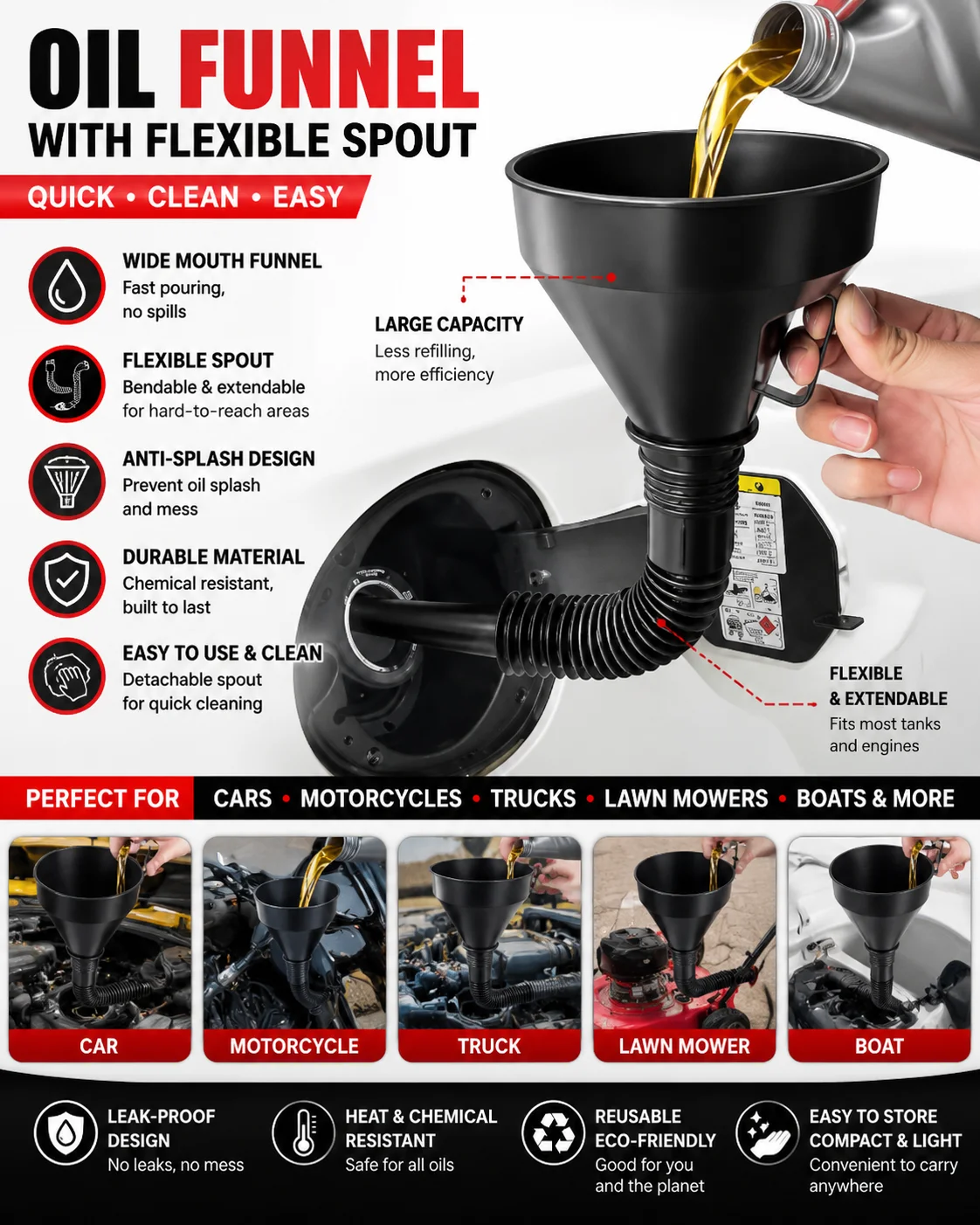 Universal Fuel Refueling Funnel with Filter Strainer Long Extension Pipe, Gas Oil Filling Tool for Car Motorcycle Truck