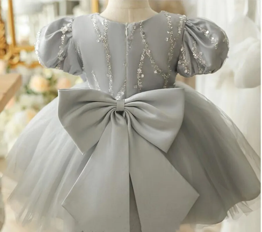 Applique Beads Gray Flower Girl Dress Sliver Sequin Toddler Dress Baptism Dress Gray Satin Toddler Birthday Dress Puff Sleeves