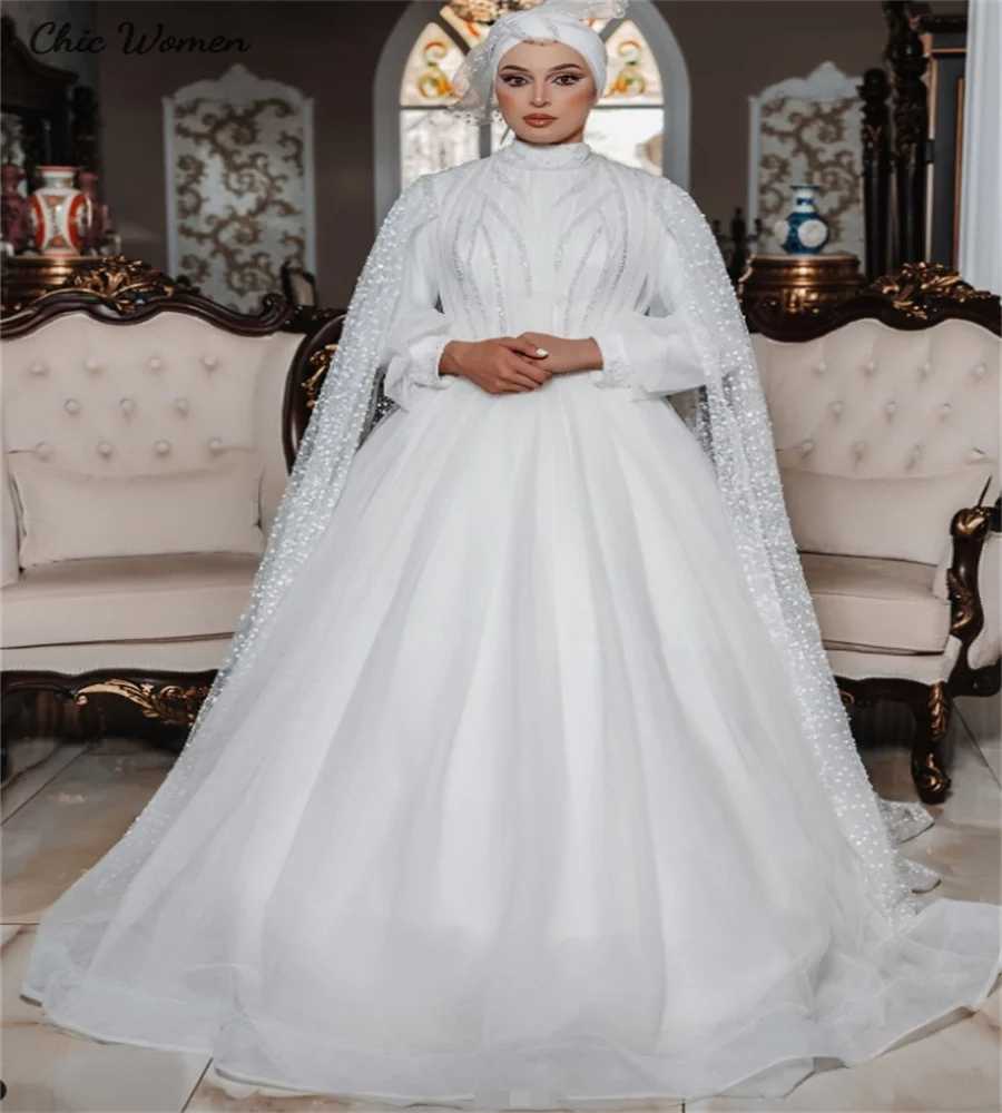 Luxury Muslimah Wedding Dress With Cape Sparkly Sequin Catholic Caucasian Bride Dress Long Sleeve Islamic Bridal Arab Customized