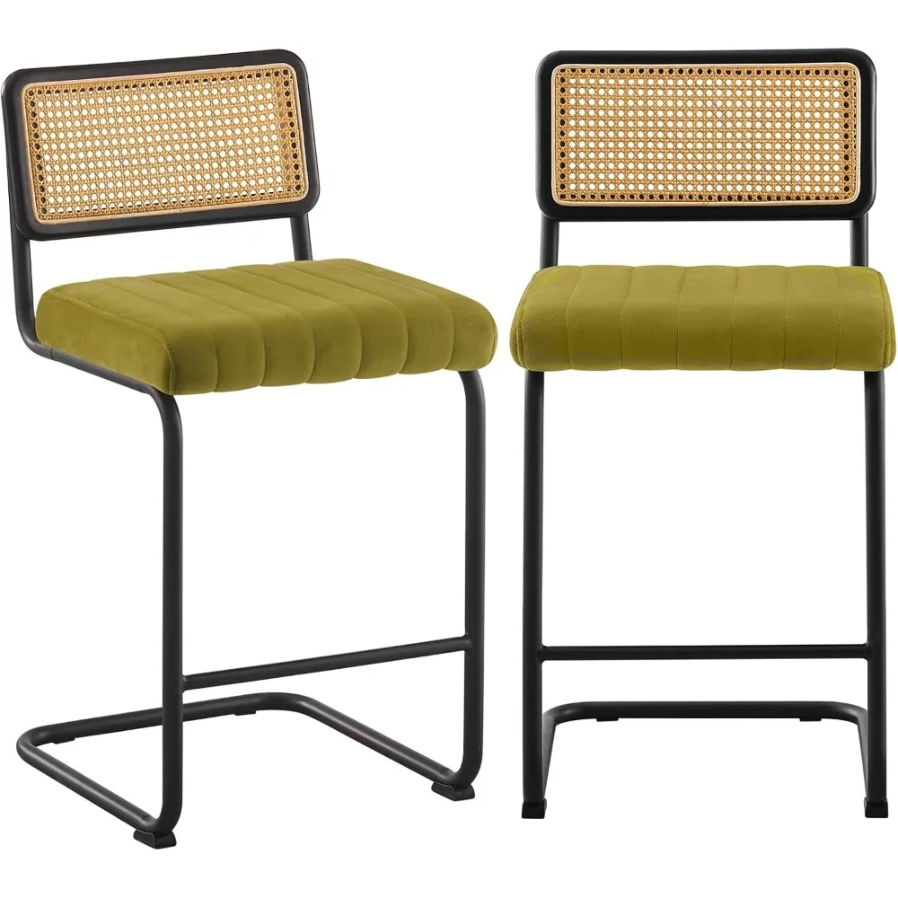 

Counter Height Bar Stools Set of 2, 26" Rattan Counter Stool Velvet Upholstered Barstool with Cane Back & Metal Frame, Mid Centu