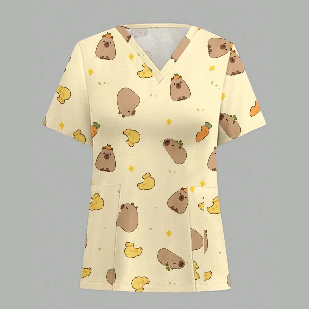 المرأة فرك لطيف ديناصور طباعة موضة الحيوان الكرتون الطبيب البيطري الخامس الرقبة قصيرة الأكمام ممرضة القمم عادية الأسنان السريرية موحدة امرأة