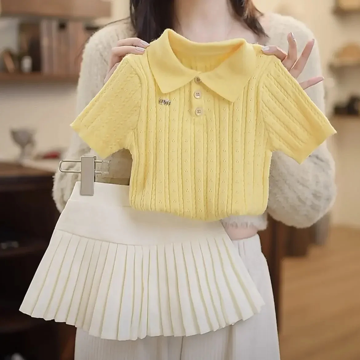 Children's Top and Bottom Clothes Set Girls' Suit Summer Princess Ummer Knitted Short-sleeved Pleated Skirt with Safety Pants
