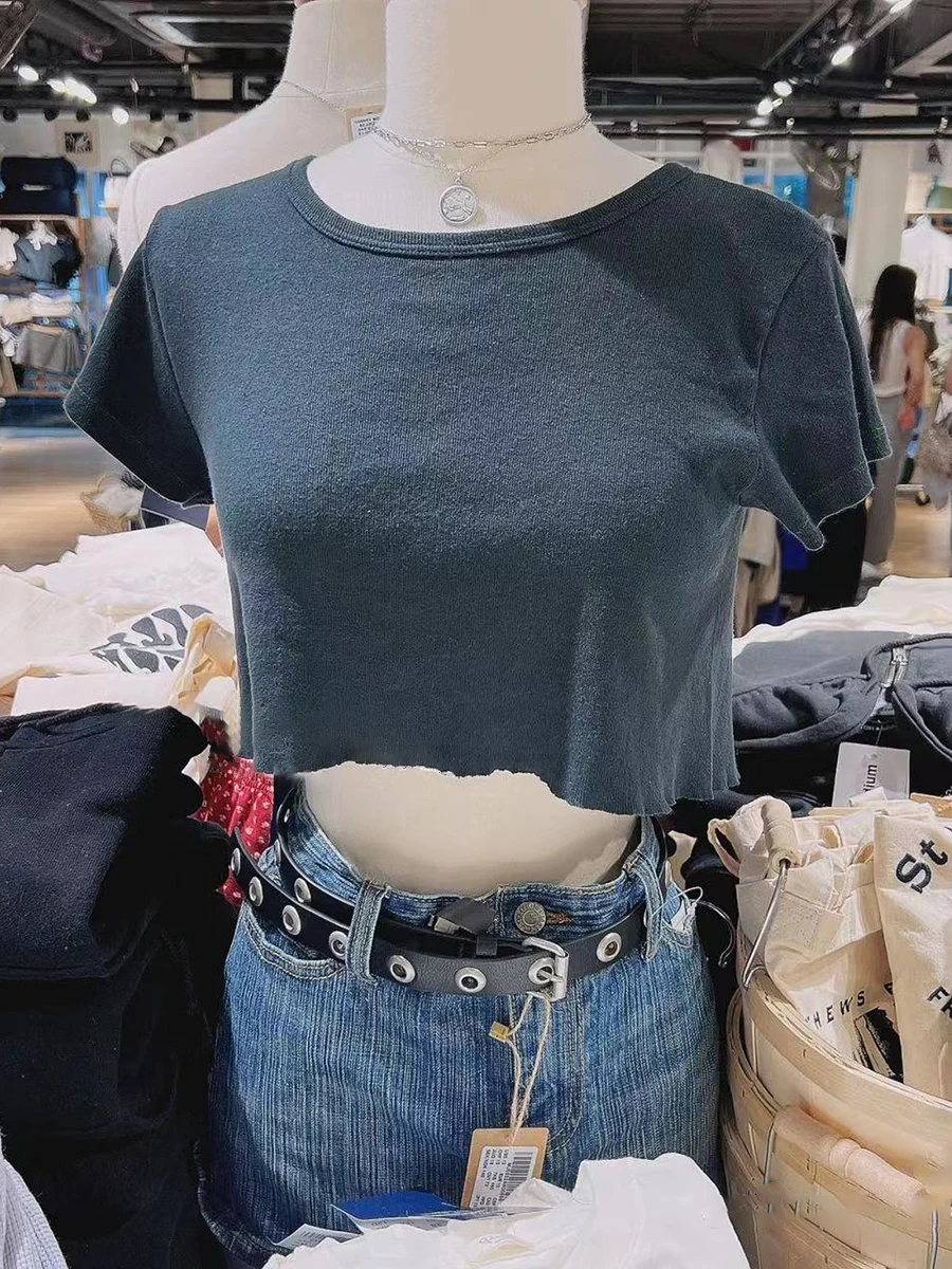 

Solid Vintage Slim Crop Top Women Summer Raw Hem Cotton High Waist Short Sleeve Tees Sweet Preppy Style Basic Casual T Shirt Y2k