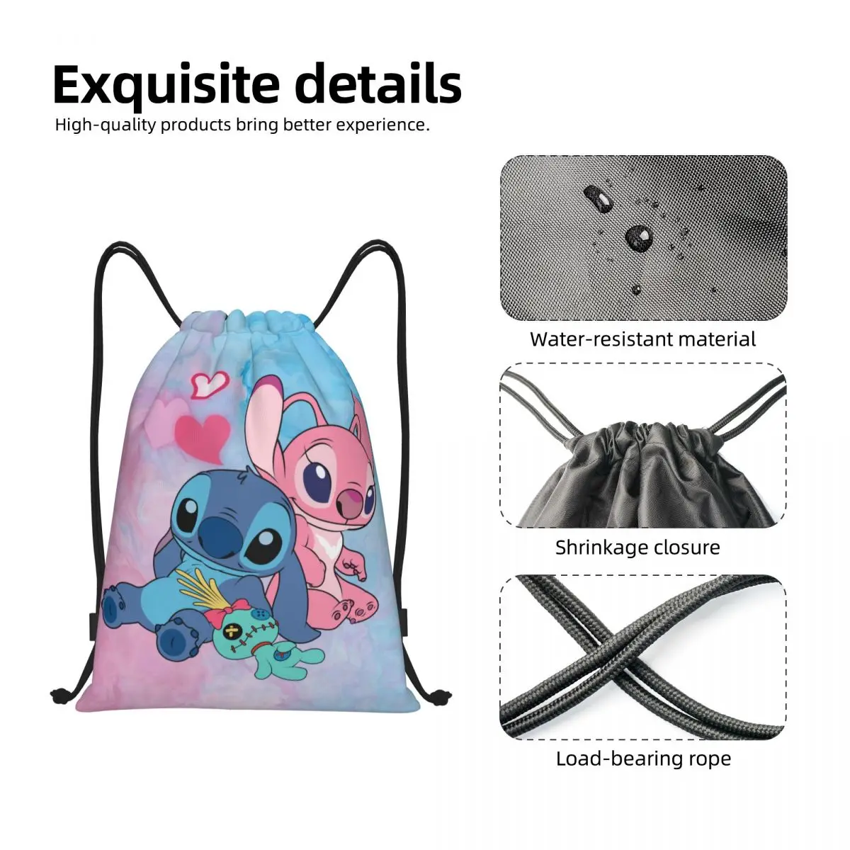 Custom Stitch Angel Drawstring Backpack Sports Gym Bag for Men Women Disney Anime Training Sackpack