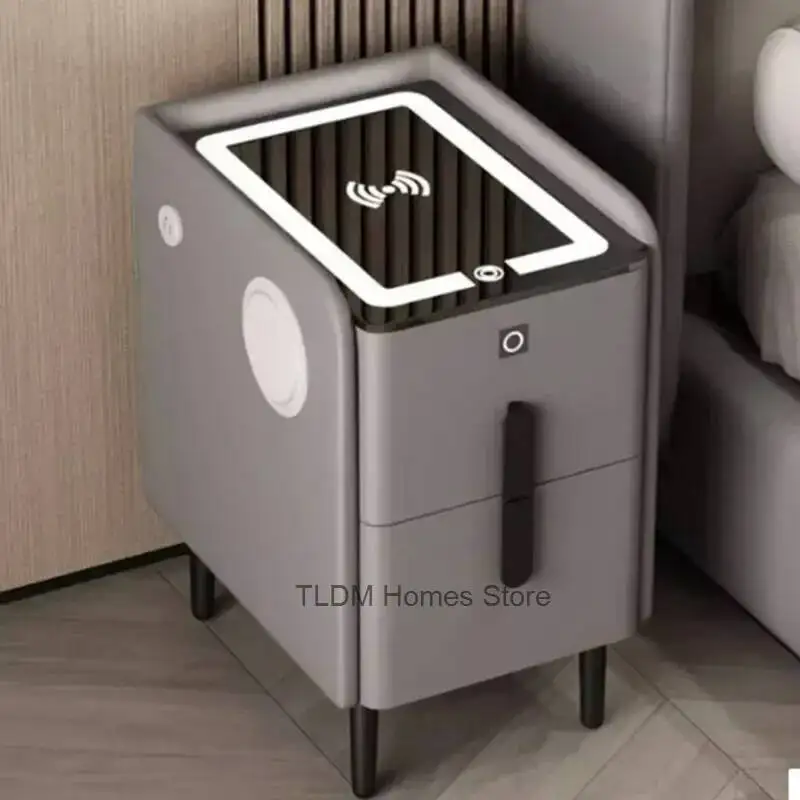 Mesa de noche con almacenamiento Usb, cargador de teléfono moderno, mesa de noche móvil inalámbrica, muebles para el hogar con huella dactilar lateral