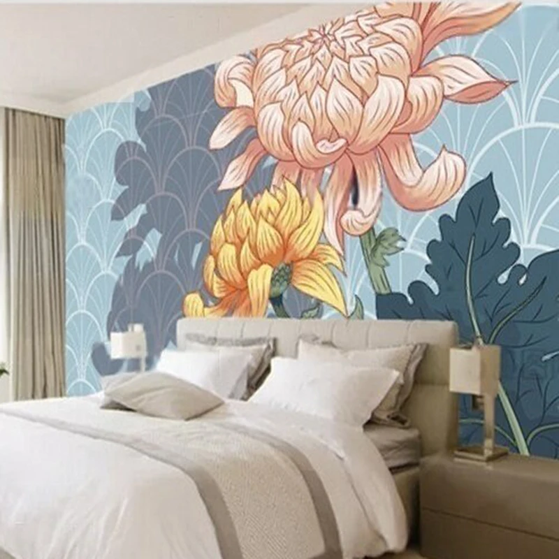 Nordic minimalist painted flower and chrysanthemum traditional Chinese trend pattern luxurious home decoration background wall
