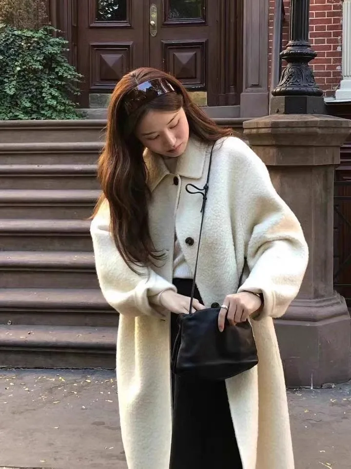 

Женское длинное пальто, зима 2024, шерсть, мех альпаки, Somi Dongdaemun, Новое поступление, свободный крой на пуговицах, длинный свеч, чистый цвет