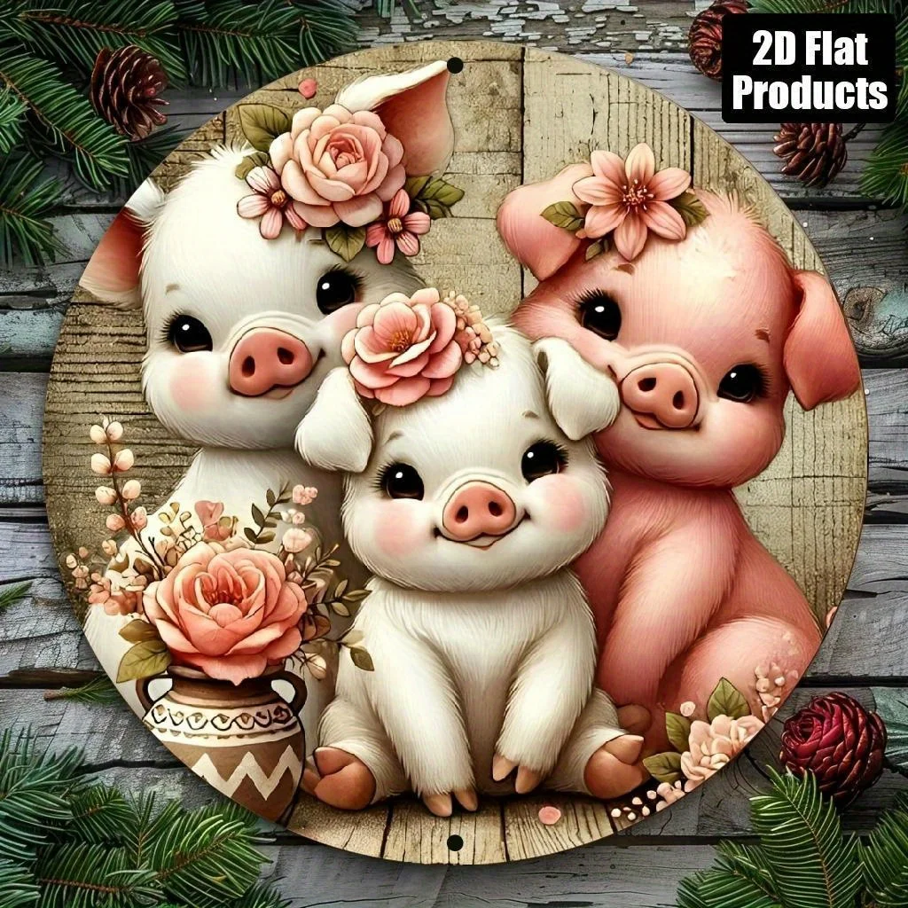 2D Flat - Vintage 8X8 Inch Round Aluminum Metal Sign Featuring The Three Little Pigs And Floral Peace Design, Perfect for Rustic