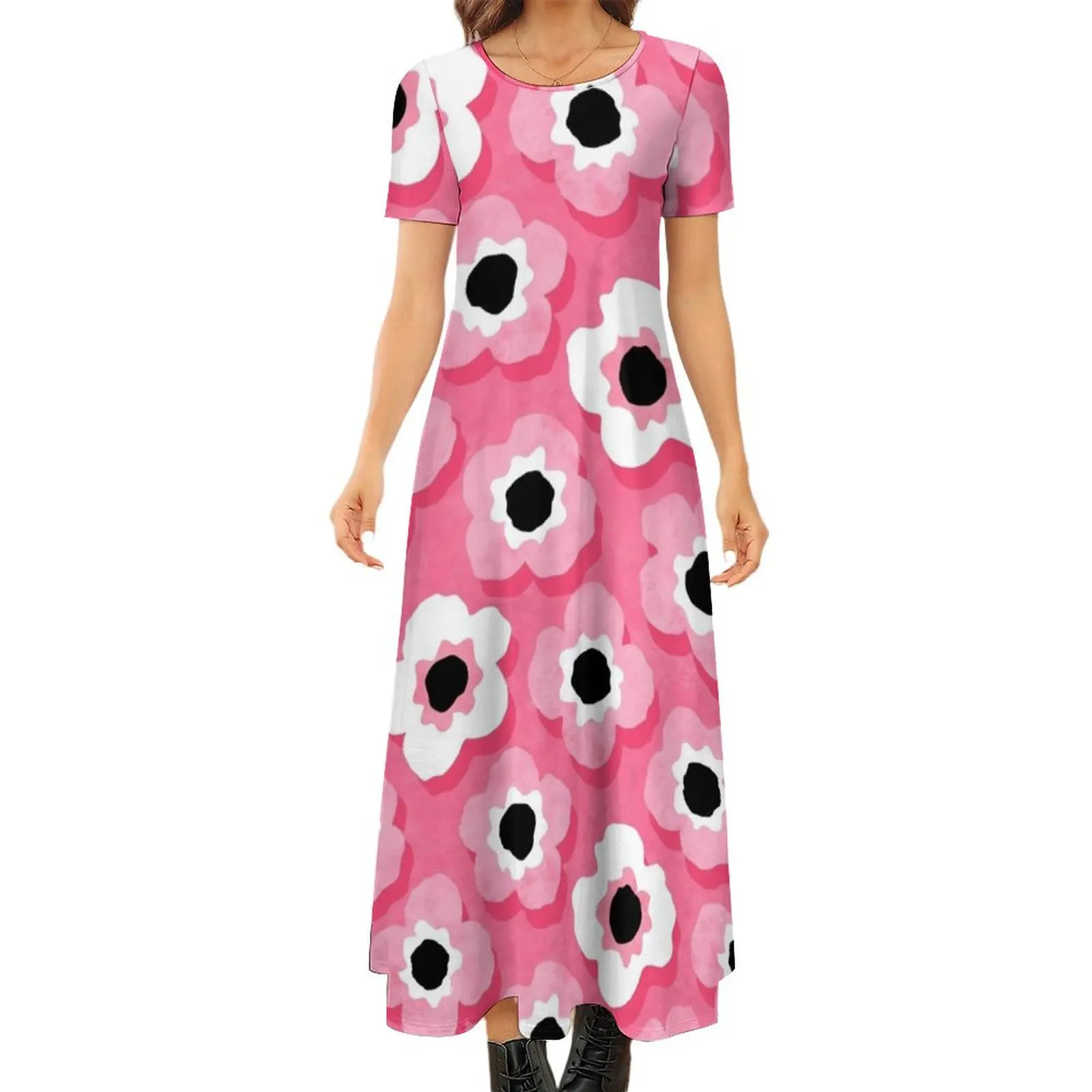 

So Pink - Mod Flowers in Pink and White Round Neck Short Sleeve Dress Dress vintage women"s evening dress 2024