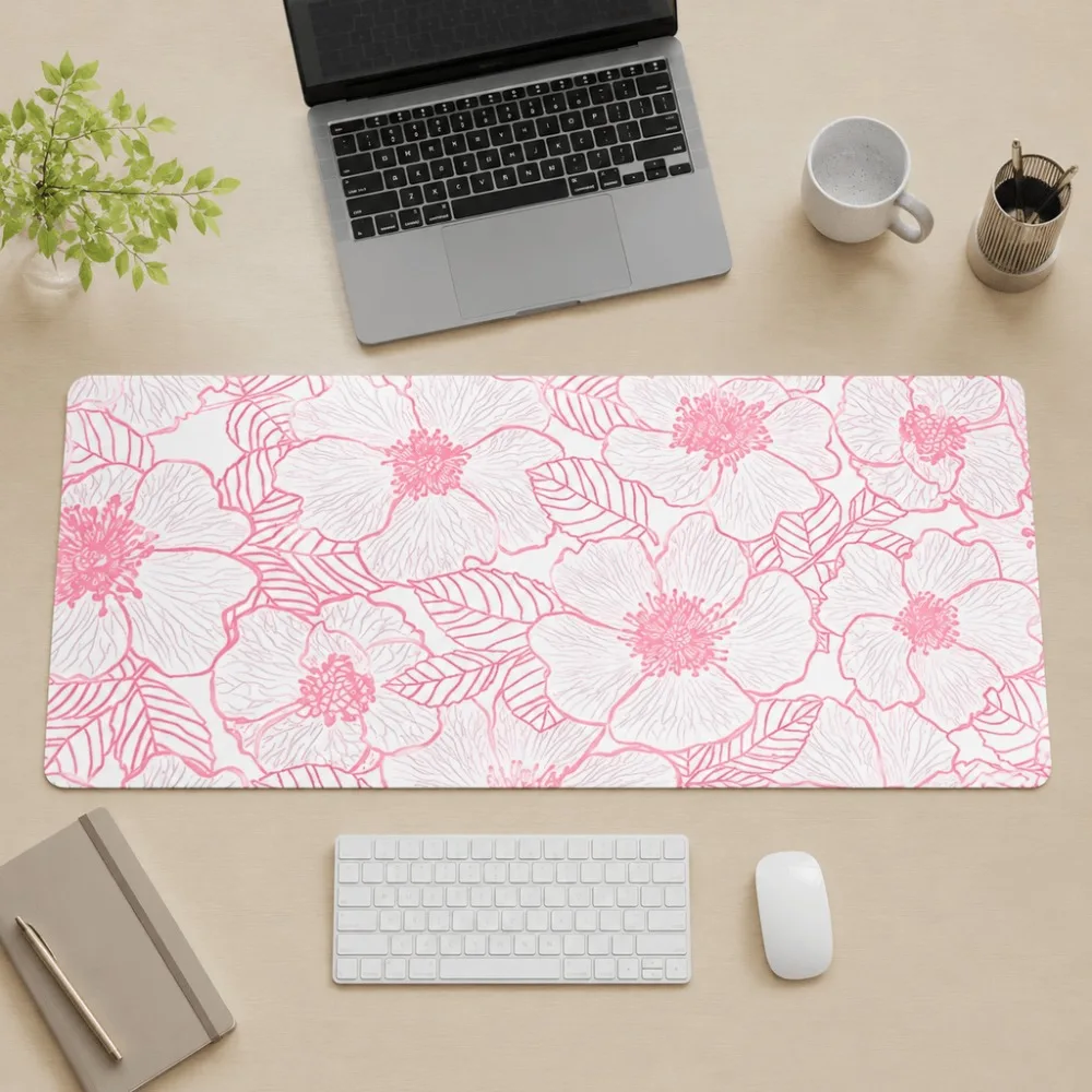 Original pink floral print design with a simple style, suitable for office workers and users of home office desks their desktop
