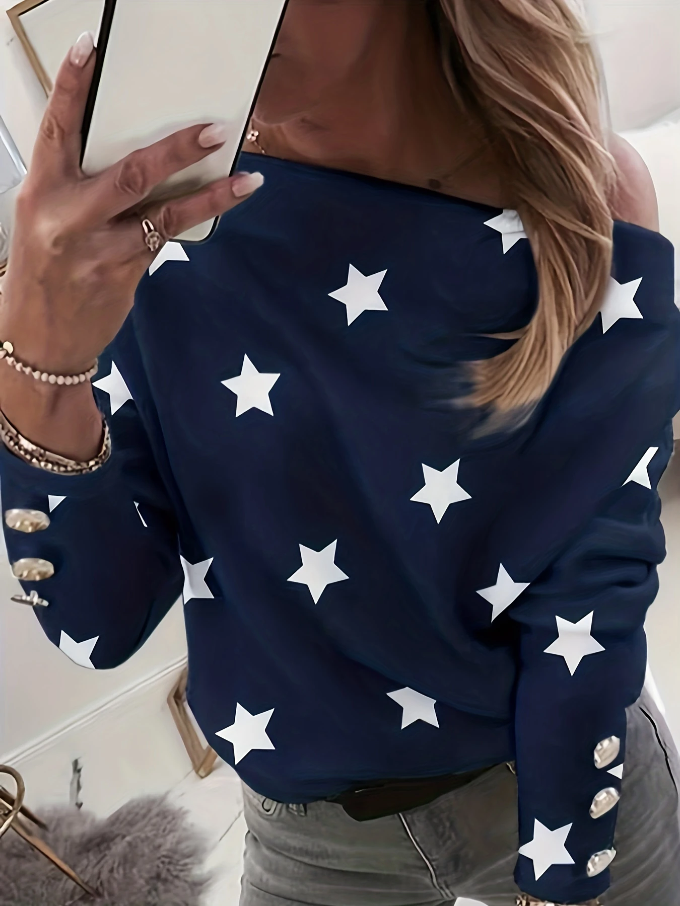 Fashion Women's Plus Size 1XL-5XL Casual Off Shoulder Printed Long Sleeved Button Pullover Ladies Star Print Loose Tops