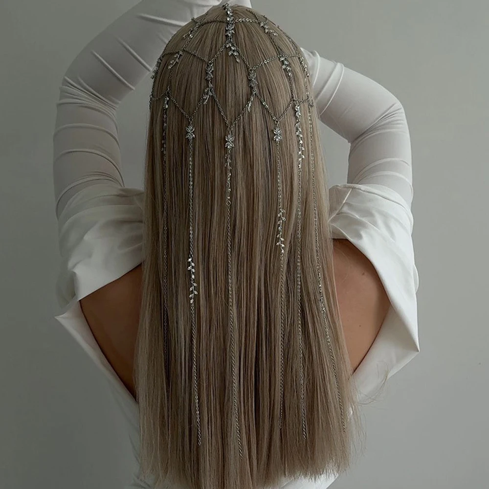 

Fashion Exotic Leaf Tassel Headband Chain Wedding for Women Gift Boho Headpiece Bridal Mesh Rhinestone Hair Chain Wig Decoration