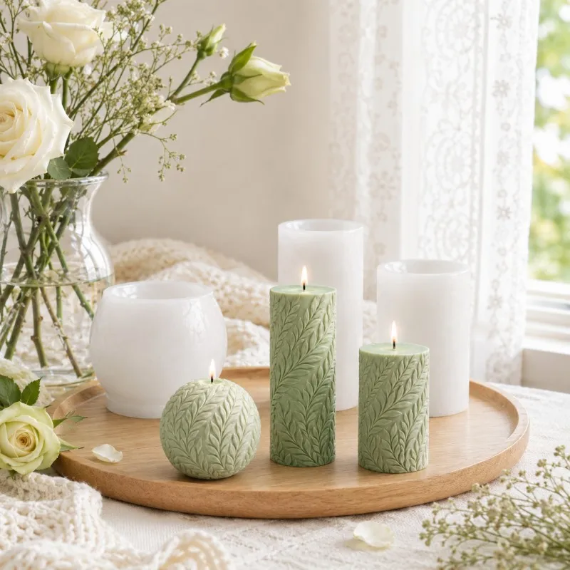 3-piece set of 3D plant leaf silicone candle molds for making scented candles; reusable.