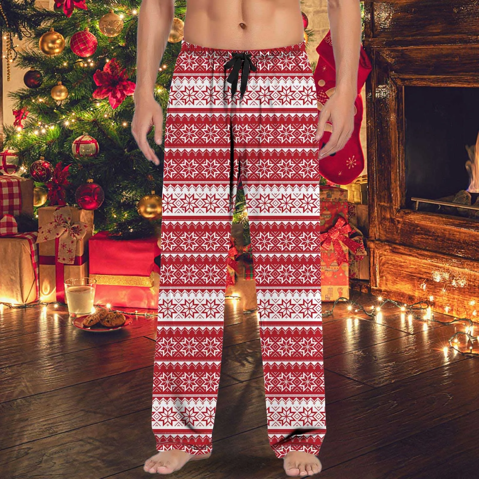 Red Christmas Elk Stripe Men'S Pajama Pants Elastic Drawstring Waist Sleep Trousers Full Length Buttom Nightwear Lounger Male