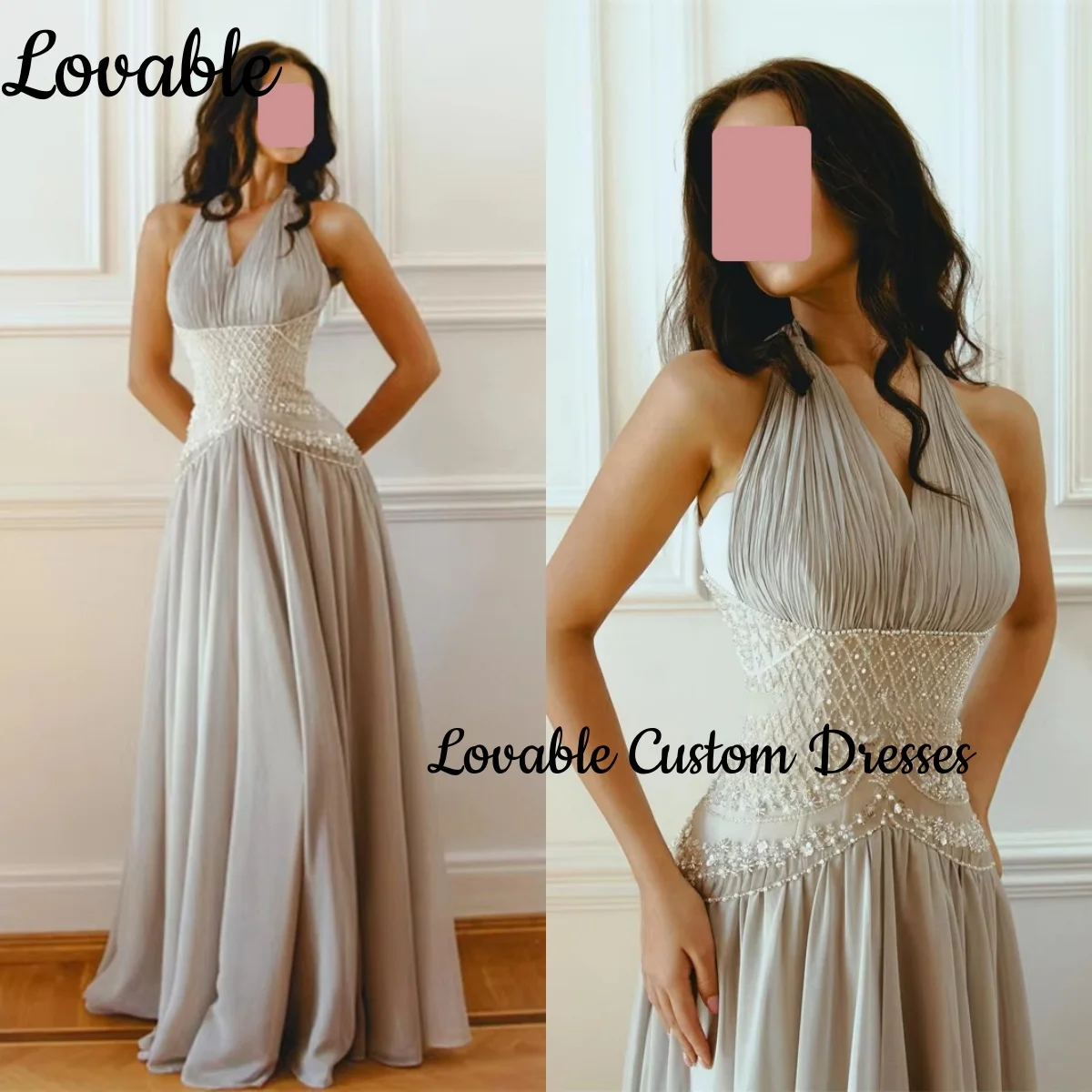 

Женское вечернее платье на заказ, А-силуэт, с воротником-халтером, в пол, с бисерной отделкой, для торжественных случаев, без рукавов, для вечеринок