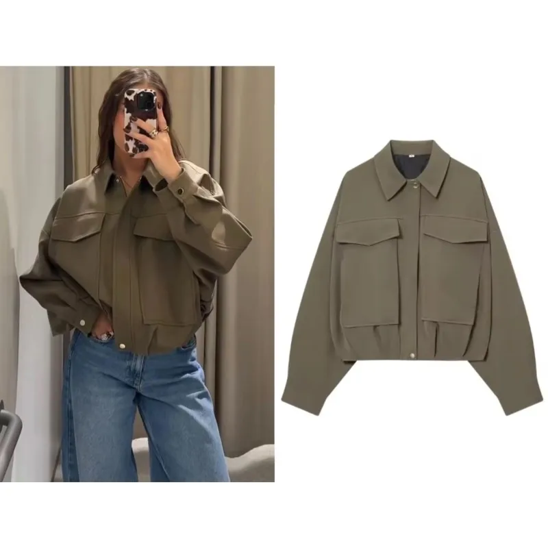 

Женская плиссированная куртка-пилот с лацканами и длинными рукавами на молнии спереди и нагрудным карманом, осеннее повседневное свободное женское пальто