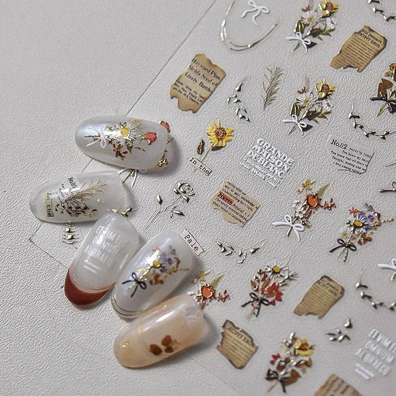 Pale Stationery Sunflower Daisy Leaf Flower Bouquet Label Bowknot 5D Self Adhesive Nail Art Stickers Rhinestone Manicure Decals