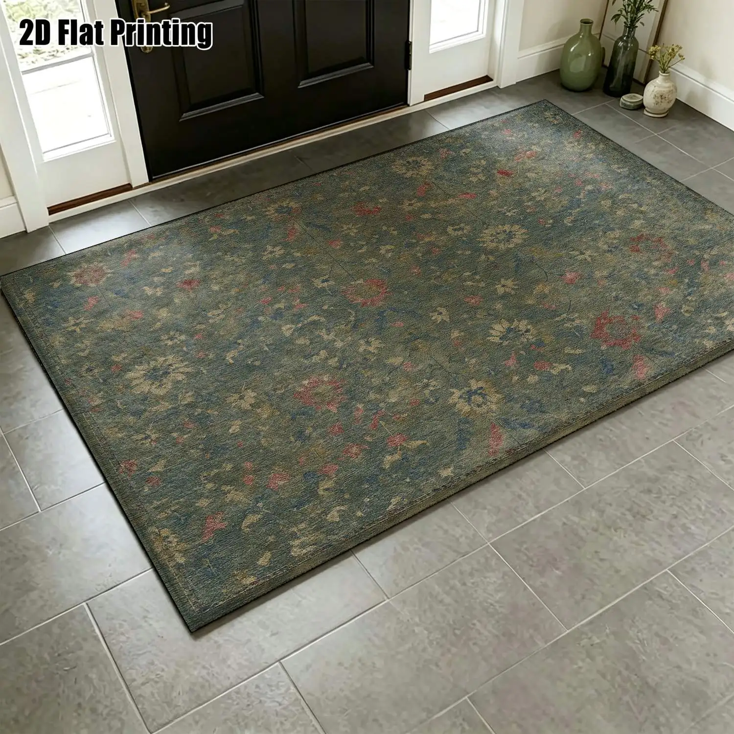 1Pc 2D Printed Carpet: Blue-Grey Base with Red Floral Patterns, European/Vintage/Bohemian Style, Home Decor, Multiple Sizes, Machine Washable, Suitable for Entrance, Dining, Bedroom, Study, Living Room, Etc