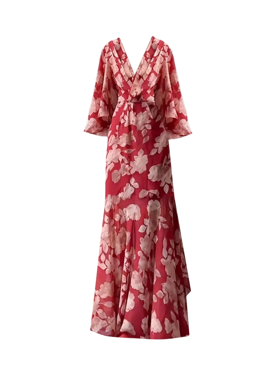 

Spring New Sle Retro V-ne Pleated Slimming Dr plus Size Conceals Waist Floral Long Skirt Women Casual Sle Body ape