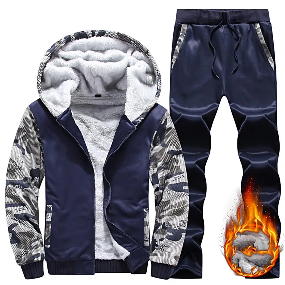 Men\'s Winter Jacket Set Male Tracksuit Fleece Lining Camouflage Print Sweatshirt Pants Down Jacket Man Casual Jacket Pants Set