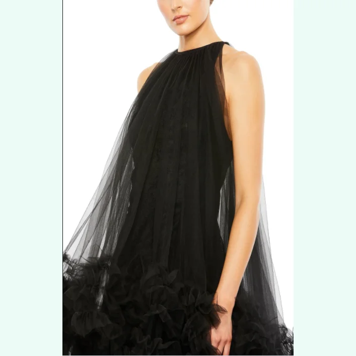 New Trendy Prom Dresses Ruffled Off the Shoulder Black Long Prom Gowns Asymmetrical Women Formal Dress Tulle Floor Length