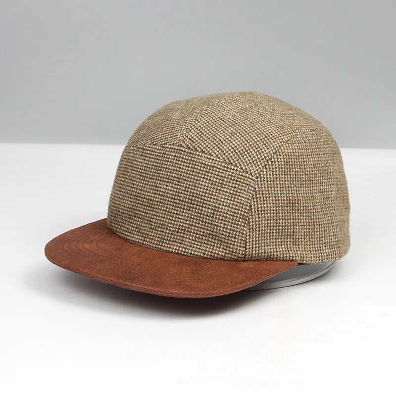 Neue Splicing-Tweed 5-Panel Baseballkappen mit anpassbarem Logo, Frühlings- und Herbst-Street-Trend, vielseitige Retro-Skateboard-Mützen, Unisex – Detail 7